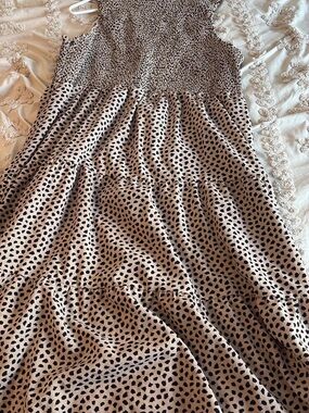 Beige and Black Printed Tiered Midi Dress